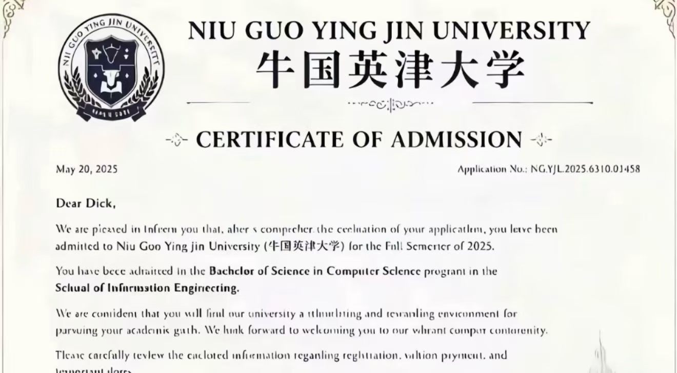 牛国英津大学录取通知书样本
